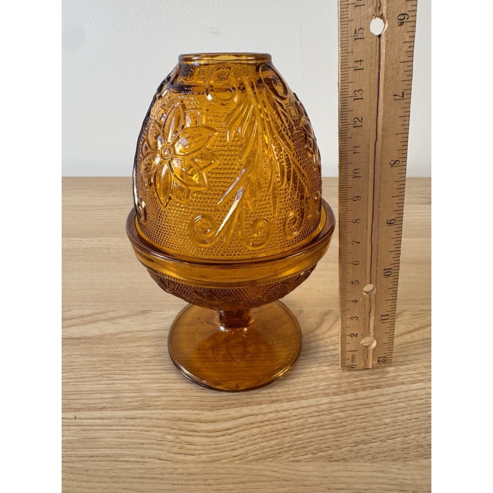Tiara Indiana Glass Sandwich Pattern Amber Fairy Lamp Pedestal Candle Holder - Picture 3 of 13